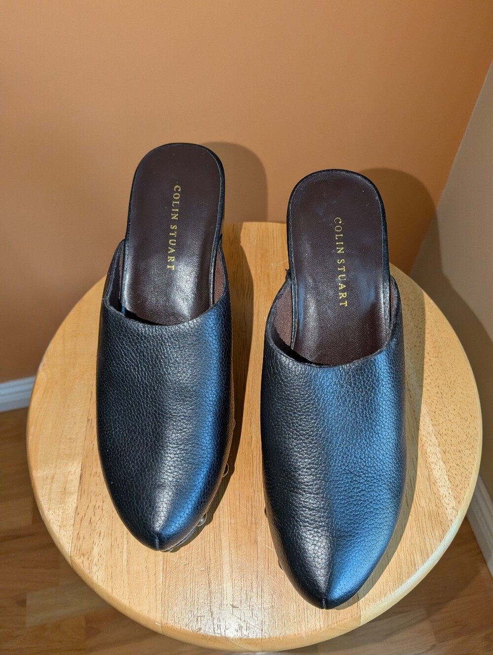 Colin Stuart Women's Wooden Heel Clogs Black Leather Slip-On Size 7